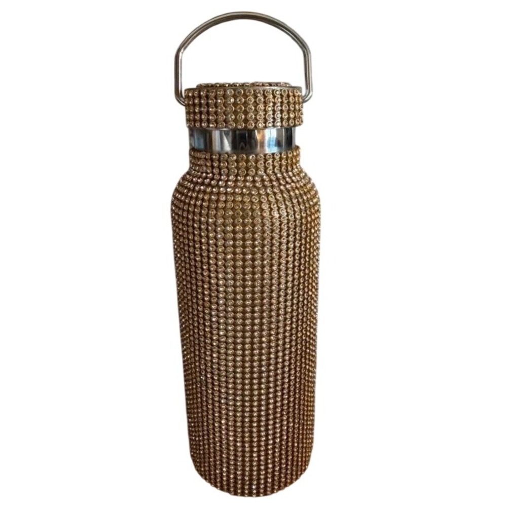 Silver w/ Gold TOMO Rhinestone Insulated Stainless Steel Water Bottle Bling